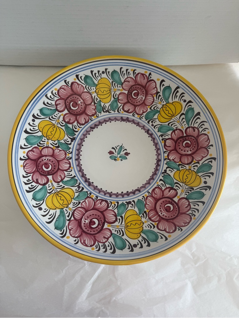 Decorative Ceramic Plate w/Floral Hand-Painted Folk Art Pattern Slovak Majolica